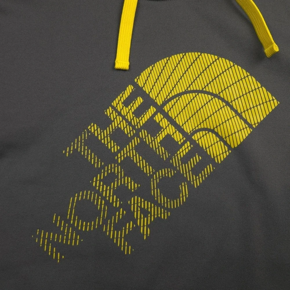 The North Face Mens Medium Hoodie Gray Yellow Logo Pullover Polyester Top